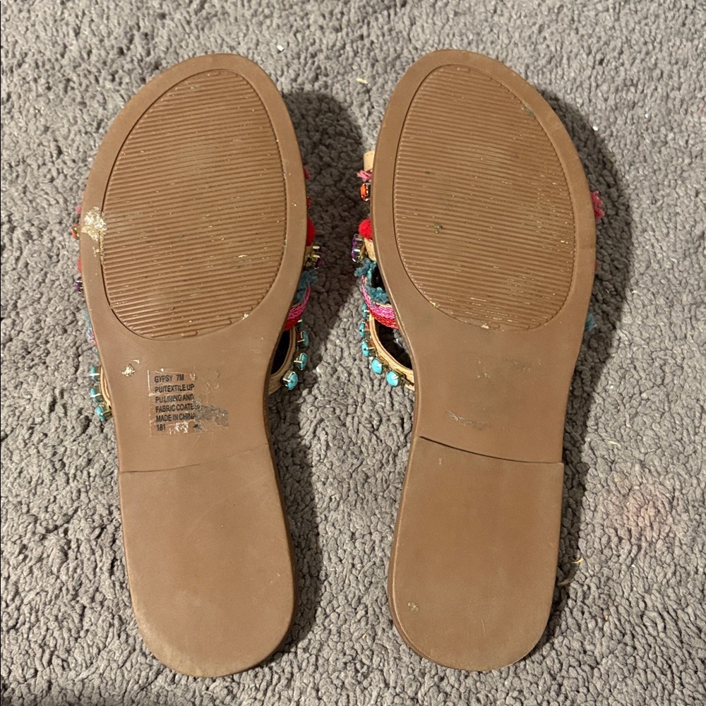 Steve Madden • Gypsy Colorful Boho Jewel Fringe Pom Pom Sandals - Picture 7 of 8